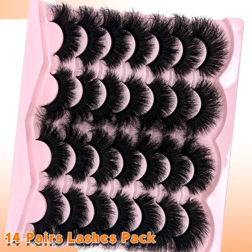 loladook Mink Lashes Fluffy 20mm Big Faux Mink Strip Lashes Cat Eye Long False Eyelashes Dramatic Soft 25mm 3D Volume Eyelashes Pack 14 Pairs