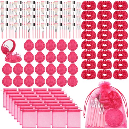 SiliFine Pink Girl Party Favors Girl Makeup Party Favor Party Supplies Set Includes Pink Gauze Bags, Hair Scrunchies, Foldable Mirror Hair Brushes, Makeup Brushes Toys(96 Pcs)