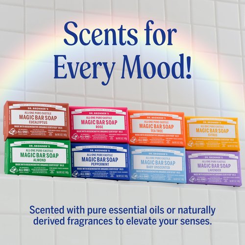 Dr. Bronner's - Pure-Castile Magic Bar Soap (Almond, 5 oz, 6-Pack) - Made with Regenerative Organic Certified Oils- For Face, Body & Hair, Gentle, Vegan Bath Soaps for Men & Women, Non-GMO
