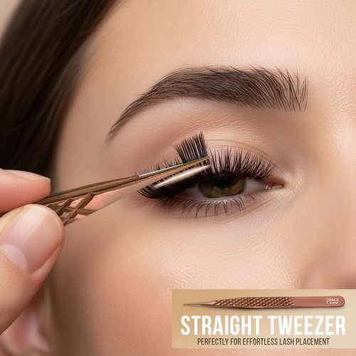 5 Pcs Fiber-Tip Japanese Steel Lash Tweezer Set with Leather Case, Professional Eyelash Tweezers for Lash Extensions – Titanium Coated, 90 & 45 Angled, Precision Pointed Tweezers (METALIC-ROSE)