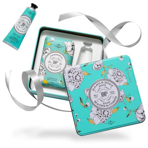 La Chatelaine Gardenia Soap & Shea Butter Hand Cream Gift Set - Natural & Organic, Made in France (7 oz. Soap Bar, 1 oz. Lotion)