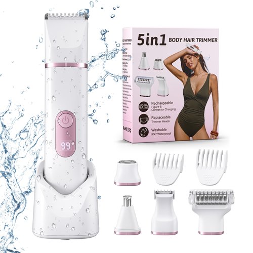 NPYXBR 5-in-1 Bikini Trimmer for Women: IPX7 Waterproof Electric Razor Shaver for Face, Pubic Area, Leg, Arm, Underarm, Nose, Rechargeable Body Hair Removal, LED Display, Ceramic Blade, Gifts for Her