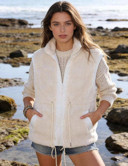 Gozoloma Women's Fleece Vest - Zip-Up Sherpa Jacket with Pockets & Waist Tie | Loose Fit, Cozy Design