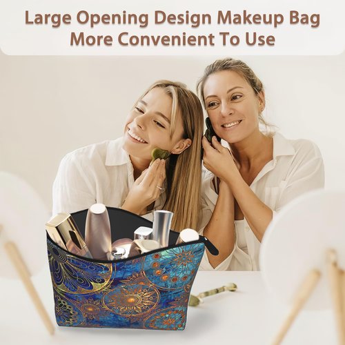 Makeup Bag Blue Gold Mandala Cosmetic Bags for Women Mini Portable Boho Flower Travel Toiletry Bag Organizer Make up Brushes Aesthetic Accessories Waterproof Storage Bags