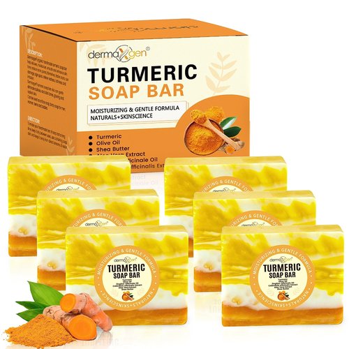 DERMAXGEN Organic Turmeric Soap Bar for Face & Body – Pure Turmeric Soap Bar for Acne, Scars, Uneven Tone, Blemish Control, Sun Damage & Age Spots – Handcrafted Skincare – (Pack of 6)