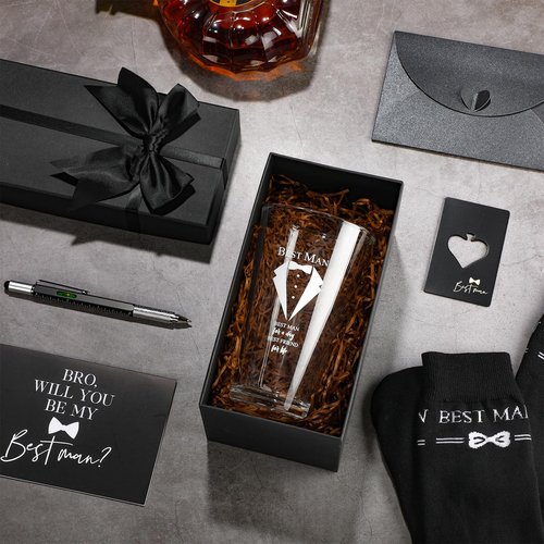 Qinyoung 7 Pcs Best Man Gifts Wedding Proposal Gift for Groomsman 16 oz Beer Glass Cup Bottle Cap Opener Socks Multi Tool Ballpoint Pen with Greeting Card Black Envelope Box(Best Man)