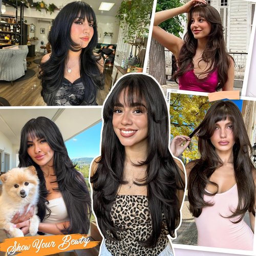 ALXNAN Hair Toppers For Women with Thinning 3D 360°Cover,26Inch Black Long Straight Layered Clip In Synthetic hair topper with Bangs