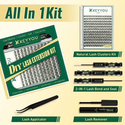 KEYYOULASH Lash Clusters Kit Thick 120pcs 8-18MIX Lash Extension Kit Volume Lash Clusters with Bond and Seal,Remover,Applicators for DIY Eyelash Clusters at Home (KY03 Kit)