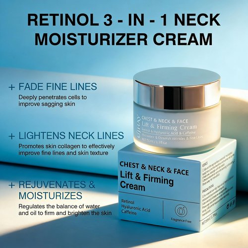 UJhay Retinol Neck Cream, Hyaluronic Acid and Caffeine Enriched Neck Firming Cream to Minimize Fine Lines & Dullness - 3-in-1 Moisturizing Cream for Neck, Chest and Face (50 ml/1.7 oz)
