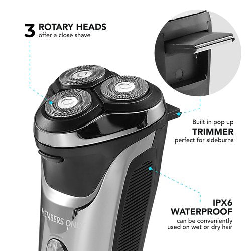 Members Only Electric Razor for Men, Lithium Metallic Cordless 3 Heads Rotary Shaver, Precision Trimming, Close Shave with Built-in Pop-up Trimmer, IPX6 Waterproof, USB Rechargeable Battery