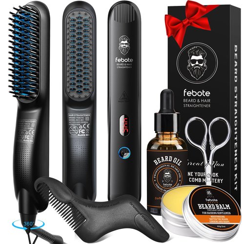 FEBOTE Beard Straightener Kit for Man- Heated Grooming Beard Brush, Beard Balm,Comb,Beard Growth Oil, Value Gift Set for Fathers Day,No-Scald,for Soft,Thick,Curly Beard,Prevent Damage