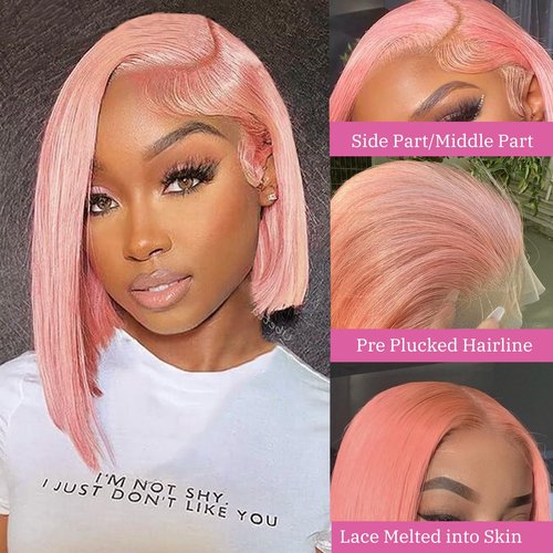 Bob Wig Human Hair Pink 13x4 Lace Front Wigs Human Hair, 180 Density Glueless Wigs Human Hair Pre Plucked Pre Cut 12 Inch Short Bob Wig Brazilian Virgin Human Hair Lace Front Wigs for Black Women