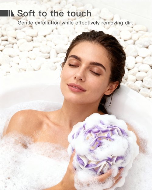 Large Loofah Bath Sponge 70g, 6.3 Inch Exfoliating Shower Loofah, Soft Durable PE Mesh with Reinforced Knotting, Rich Lather Body Wash Scrubber, Sweet Little Gifts Set (B-4Pack)