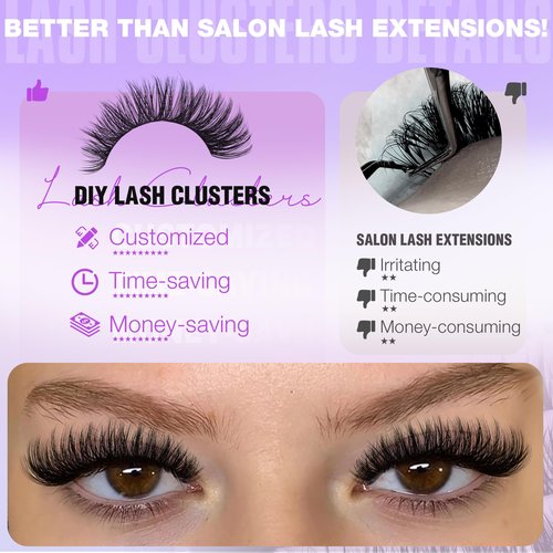 EYDEVRO Lash Clusters Kit 60D80D100D Volume Lash Extension Kit Wispy Cluster Eyelash Extensions Eyelash Extension Kit 10-18mm D Curvature Cluster Lashes with Lash Bond and Seal Tweezers Brushes