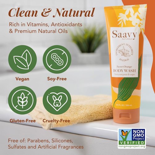 Saavy Naturals Moisturizing Body Wash - Plant-Based Formula with Coconut Oil & Shea Butter | Sweet Orange, 8.5 fl oz, 2 Pack