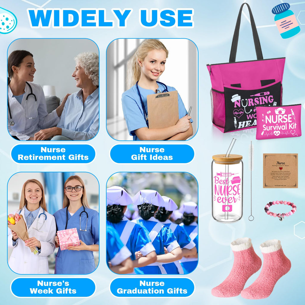 Yetene 5 Pcs Valentine Nurse Gifts for Women Include Ribbon Zippered Tote Bag Makeup Bag 16 oz Glass Cup Bracelets and Sock Appreciation Gift Set for Galentines Female Gift(Hot Pink,Nurse)