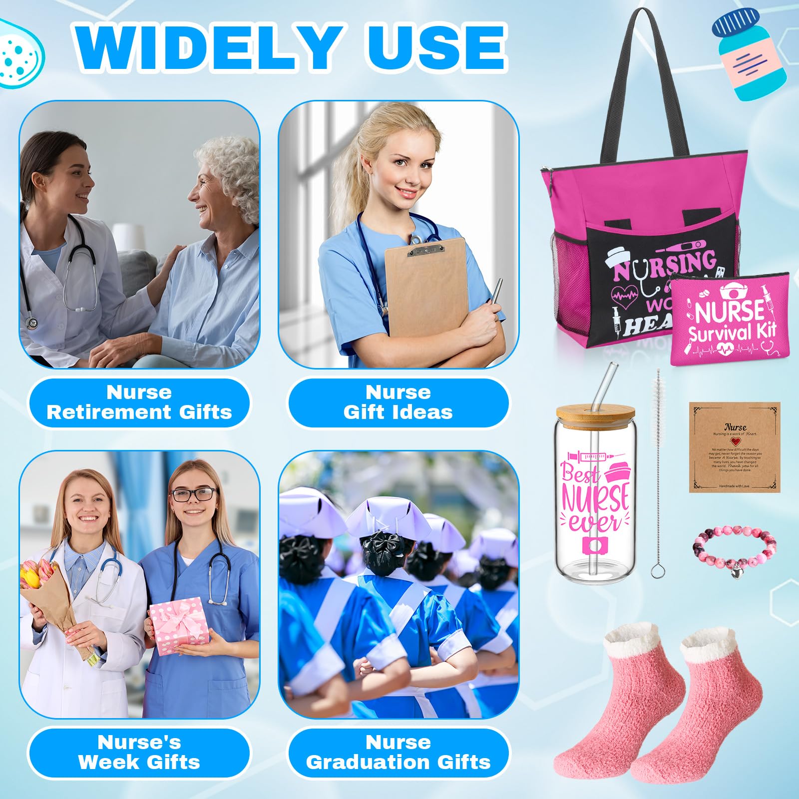 Yetene 5 Pcs Valentine Nurse Gifts for Women Include Ribbon Zippered Tote Bag Makeup Bag 16 oz Glass Cup Bracelets and Sock Appreciation Gift Set for Galentines Female Gift(Hot Pink,Nurse)