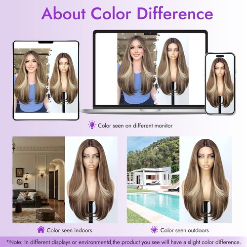 Eawwii Ombre Light Brown With Blonde Glueless Wigs for Women Pre Cut Synthetic Lace Hairline Long Layered Straight Hairstyle 26 Inch