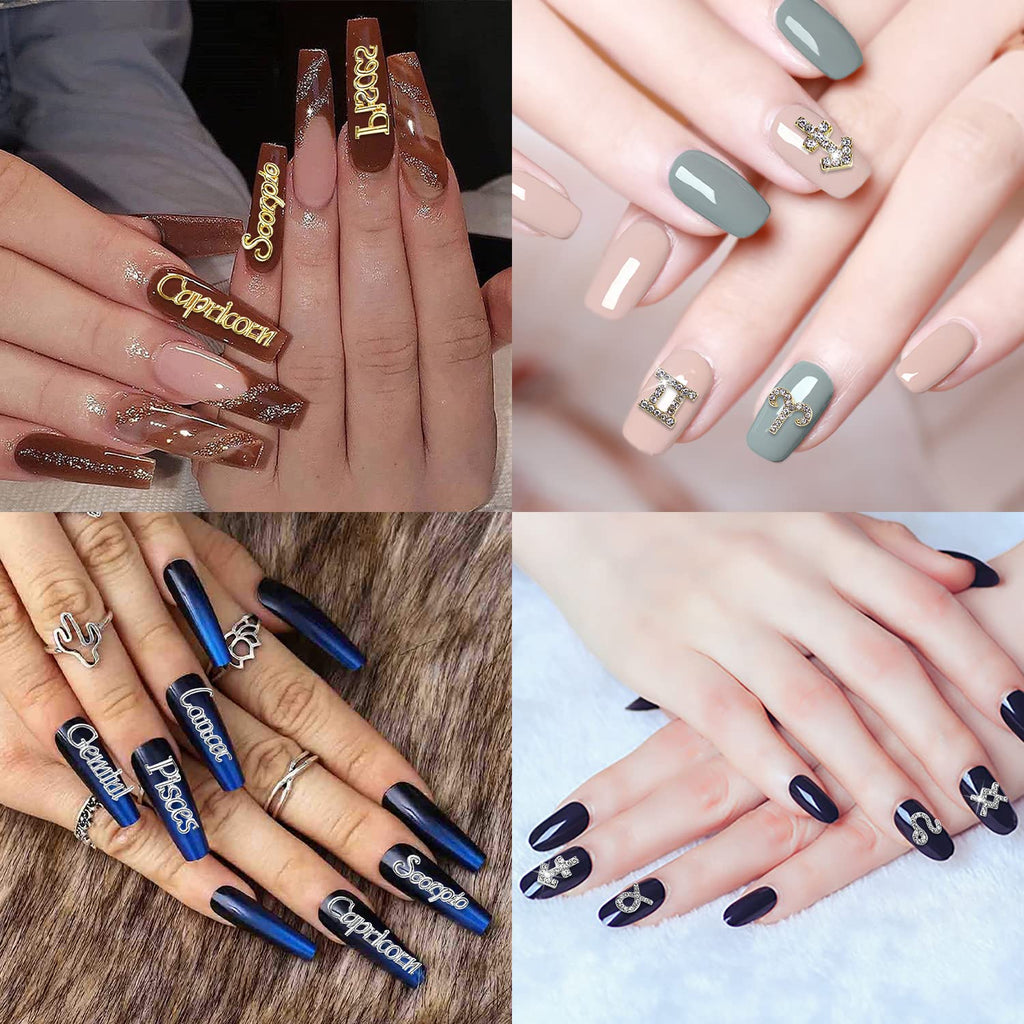 XEAOHESY 48 Pieces Gold and Silver Alloy Zodiac Nail Charms Zodiac Signs Nail Studs Constellation Words Charms for Nails Twelve Constellation Nail Charms Set for Women Girls Nail Art Decoration