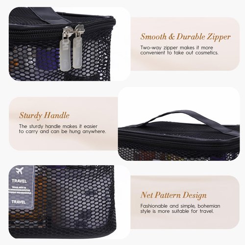 DALINEEYI Mesh Makeup Bag, Breathable Cosmetic Bags with Zipper, Travel Lightweight Make Up Organizer Mesh, Toiletry Bag with Handle for Women Girls Gift, Black
