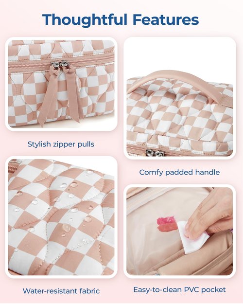 BAGSMART Travel Makeup Bag, 2-Piece Puffy Quilted Cute Make Up Bag Cosmetic Bags for Women, Large Wide-Open Toiletry Pouch Gifts for Toiletries Accessories Travelling Essentials, Checkered Khaki