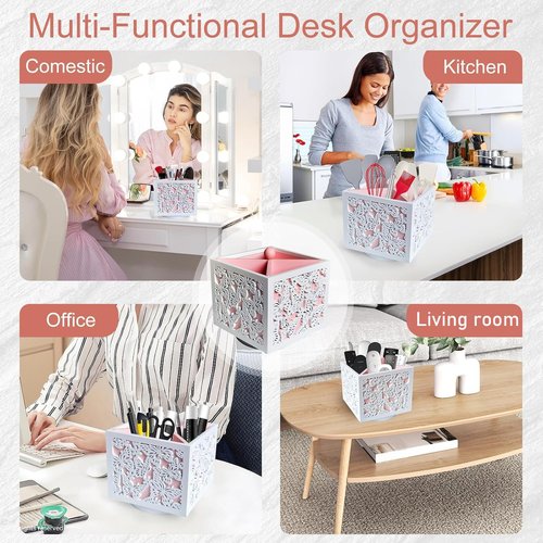 DUO GE MAO 360 Rotating Makeup Brush Holder with Butterfly Cutout, Pink Makeup Brush Organizer for Vanity - 4 Compartment Spinning Wooden Desk Organizer for Pens, Lipsticks, Eyebrow Pencils