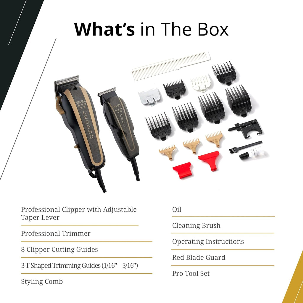 Wahl Professional 5-Star Barber Combo - Corded Legend Clipper & Hero T-Blade Trimmer Set | Black/Gold Finish