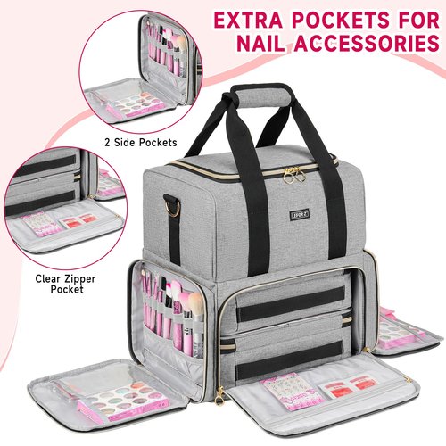 LEFOR·Z Nail Polish Organizer Holds 80 Bottles and a Lamp,Nail Polish Carrying Case with 2 Removable Bags,Nail Organizers and Storage for Nail Tech,Portable Nail Polish Holder for Nail Supplies,Grey