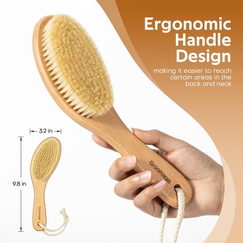 Groomage Dry Brush for Body, Natural Bristle Dry Exfoliating Body Brush for Skin Care, Cellulite, Lymphatic Drainage