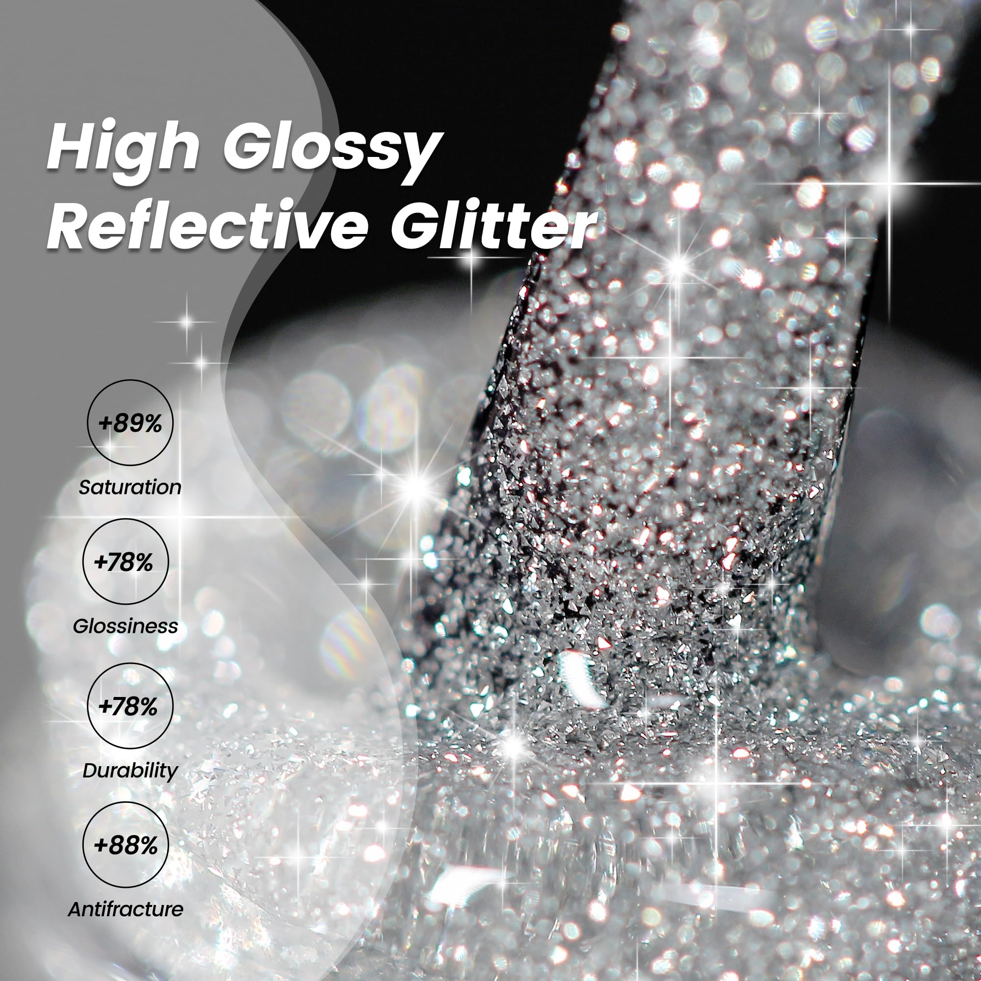 YTD Likomey Reflective Glitter Gel Nail Polish with Base Coat and Top Coat Set,Fall Winter Falsh 6 Colors Shimmer Black Silver Pink Blue Red Gold Diamond Sparkle UV Color Varnish Kit,8 Pcs 7.5 ml