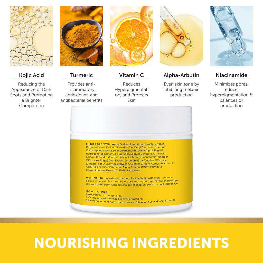 VALITIC Turmeric Kojic Acid Cleansing Pads - Exfoliating Dark Spot Remover with Vitamin C & Retinol - 60 Pads