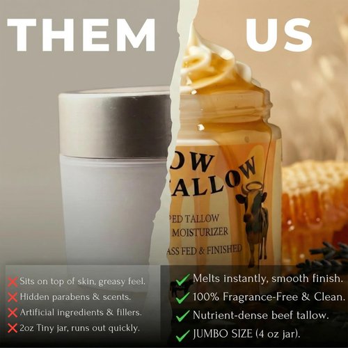 Hallow Tallow Whipped Beef Tallow Moisturizer – 100% Grass-Fed & Finished Tallow Balm with Manuka Honey, Jojoba & Olive Oil, Calendula Extract – Natural Hydrating Face & Body Cream, 4oz