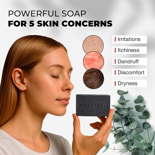 Bossman 4-in-1 Charcoal Soap Bar - All-Natural Men's Beard Wash, Shampoo, Body Wash & Shaving Solution | Eucalyptus & Tea Tree, 4 oz