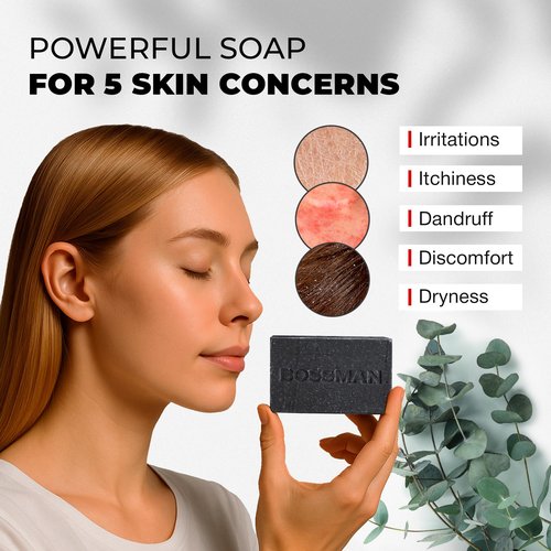 Bossman 4-in-1 Charcoal Soap Bar (4 oz) – Bar Soap for Men – All-Natural Beard Wash, Shampoo, Body Wash & Shaving Solution – Lavender & Patchouli Scent