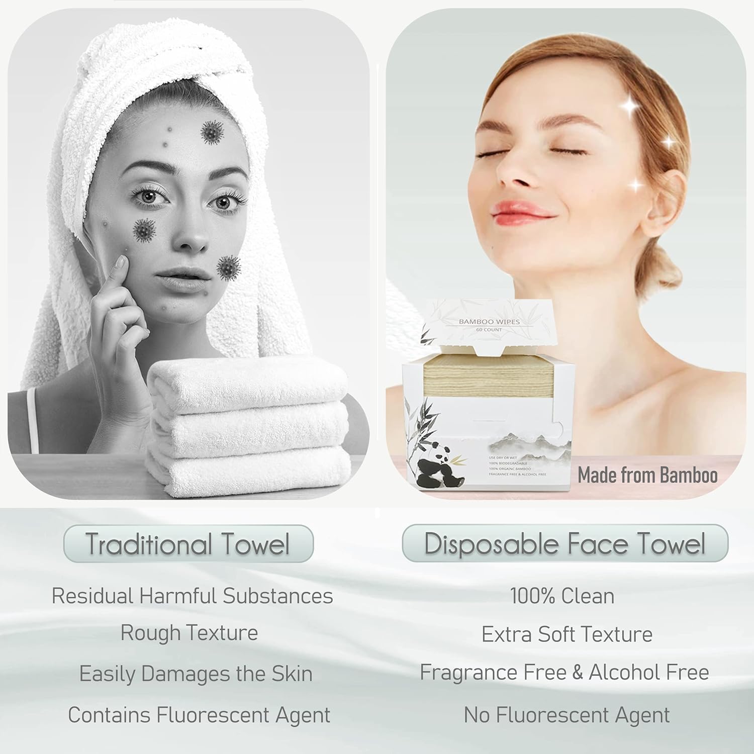 WOWOTEX Bamboo Rayon Disposable Face Towels - Biodegradable, Extra Thick, 60 Count Box | Soft for Sensitive Skin & Makeup Removal
