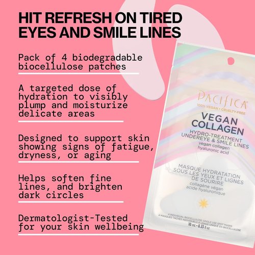 Pacifica Vegan Collagen Undereye & Smile Line Patches - Hydrating Gel Pads for Fine Lines & Wrinkles, Unscented (2 Patches)