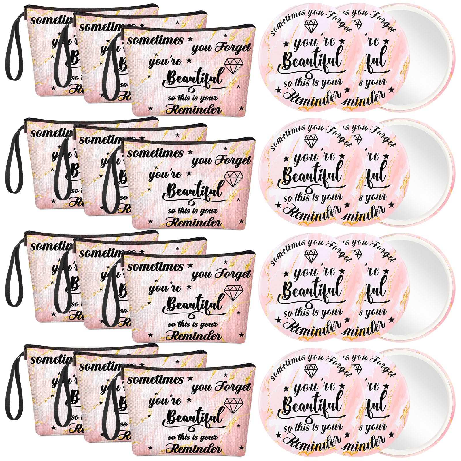 Xuniea 24 Pcs Employee Appreciation Gifts for Women 12 Motivation Canvas Makeup Bags 12 Pocket Mirror Inspirational Thank You Gifts for Women History Social Worker Month Nurse Team(Beautiful)