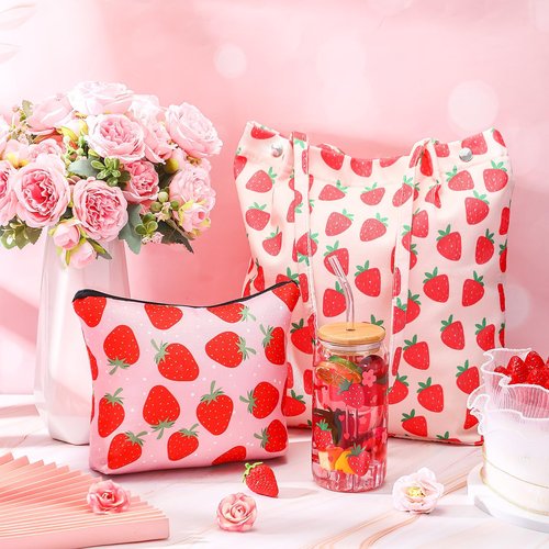 Bulyoou Strawberry Gift Set, Included 16oz Glass Cups with Lids and Straws Waterproof Travel Bag Pouch Strawberry Makeup Bag and Corduroy Tote for Women Christmas Birthday Mothers Day