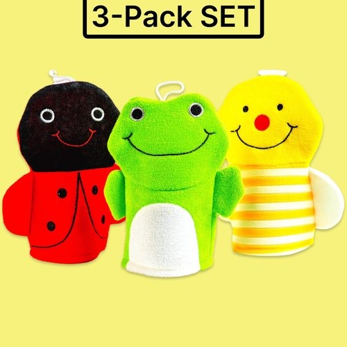 Made Easy Kit Hand Puppet Bath Wash Mitt Towel with Animal Designs with Loofahs for Fun Interactive Bathing Time (Red Green Yellow (No Loofah))