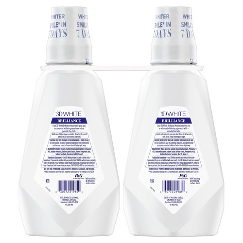 Crest Mouthwash/Mouth Rinse, 3D White Brilliance Whitening, Alcohol Free, Clean Mint, 2x1L (33.8 fl oz)