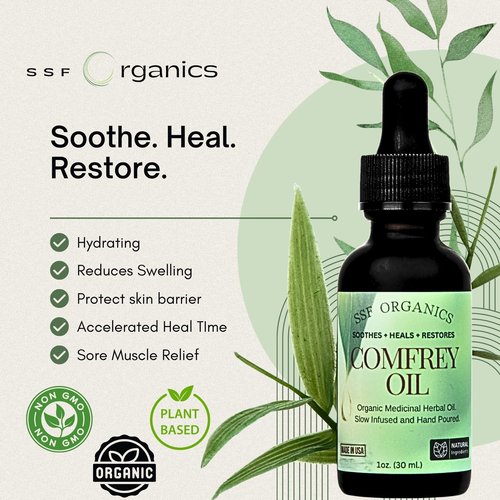 SSF Organics- Comfrey Oil for Healing, Relief and Recovery. Undiluted, Slow Solar Infused, Ayurvedic Therapy, Natural Alternative for Muscle, Skin and Joint Conditions (Comfrey Oil- 1oz.)