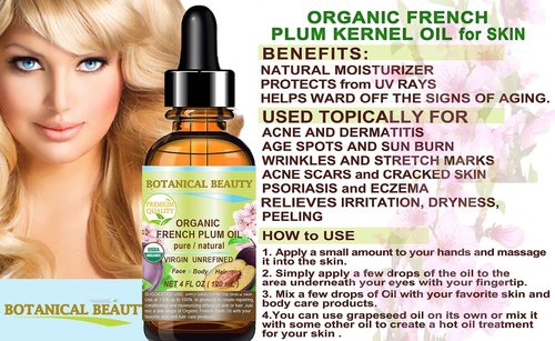 Botanical Beauty Organic French PLUM OIL 100% Pure Natural VIRGIN UNREFINED Cold-Pressed Carrier Oil for Face, Skin, Body, Hair, Lip, Nails. Rich in Vitamin E, Omega 6, Omega 9 (4 Fl Oz)