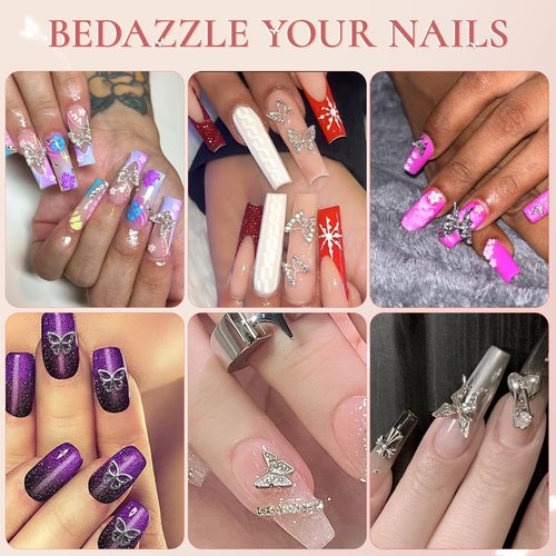 QPRETTY DU 3D Bow Nail Charms 100PCS Silver Metal Butterfly Nail and Gems Shiny Nails Art Decoration Supplies Accessories for Acrylic Nails DIY