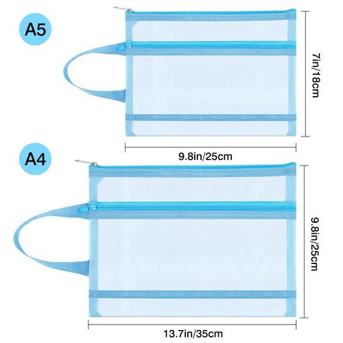 Fassave 6 Pack Mesh Zipper Pouch Bags, Double Layer Nylon Pouch with Handle for Office Travel Organization (Orange, A5)