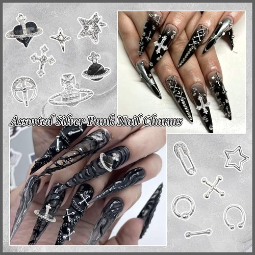 BELICEY 190PCS 3D Nail Charms - Silver Star Cross Planet Rivet Punk Cone Jewels for Acrylic Nails