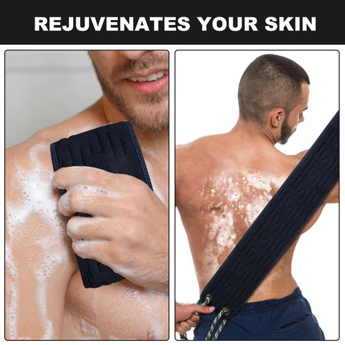 OWIIZI Exfoliating Back Scrubber for Shower, Double-Sided Back Scrub Washcloth with Antiskid Handles for Use in Shower, Body Exfoliator Scrub Towel Back Washer for Men & Women-38 Inches