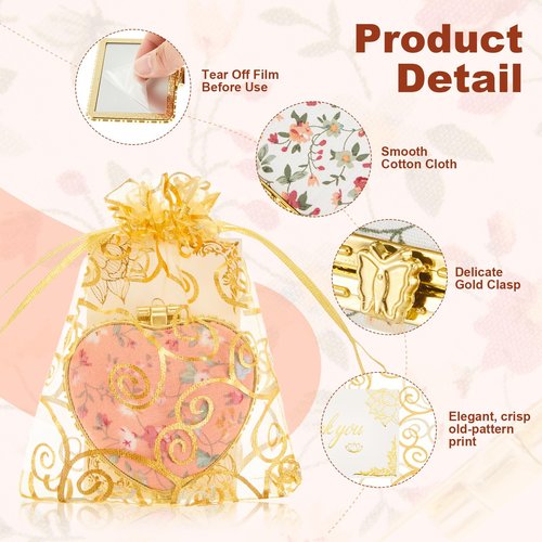 Jetec 32 Sets Compact Mirror Gift for Women, Floral Gold Edge Folding Pocket Makeup Mirror with Gold Organza Bags & Thank You Cards, Mother's Day Ideal Gifts Bulk Presents for Mom, Wife, Bridal Shower