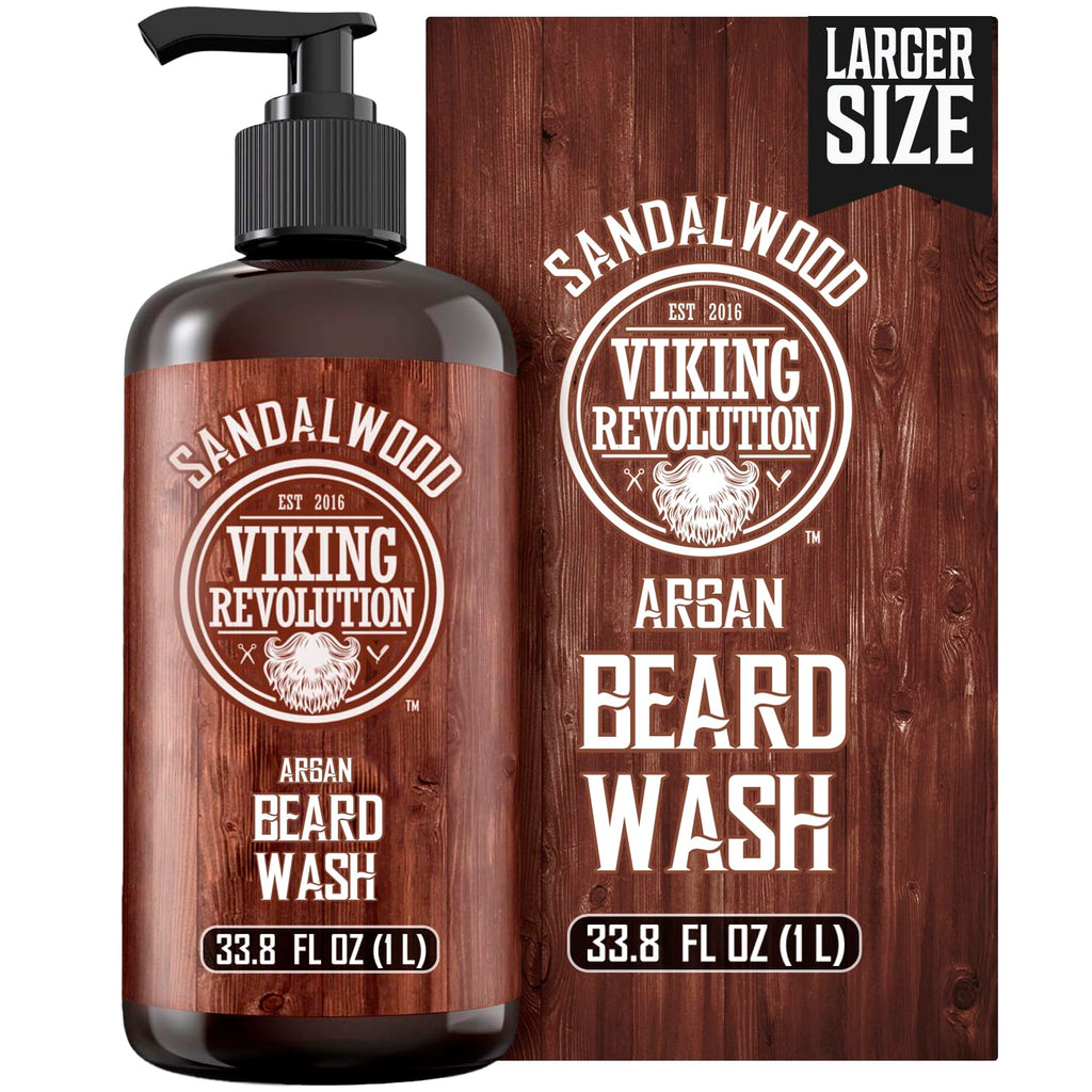 Viking Revolution Sandalwood Beard Wash for Men with Argan Oil - Beard Softener and Strengthener Beard Shampoo with Ginseng, Red Sage, Vitamin B5, Vitamin E - Sandalwood Beard Care (33.8 Fl oz)