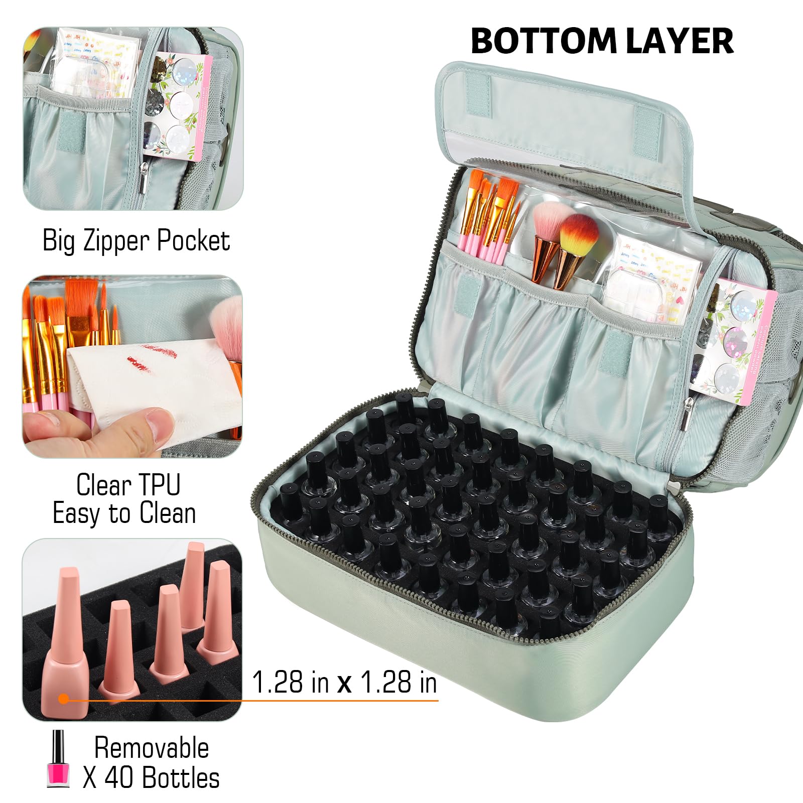 VOFIpremiAm Nail Polish Organizer Case Fits Nail Lamp and 50 Bottles,Quilted Nail Organizers and Storage for Nail Tech,Water Proof Nail Polish Storage Bag Fits Nail Kit Manicure Tools (Patented)-Green