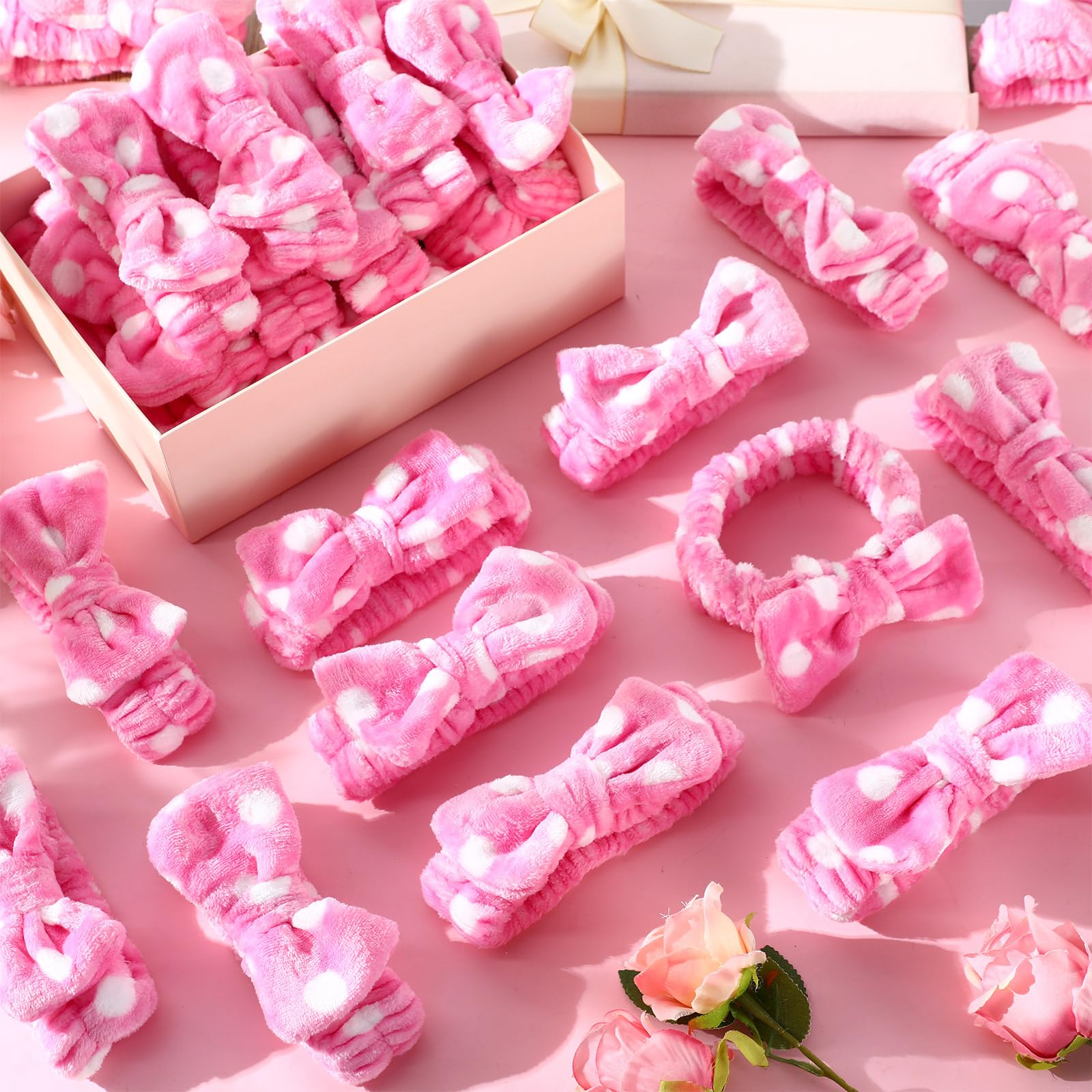 Wavyknot 50 Pcs Pink Spa Headband Bulk Spa Sleepover Party Supplies for Washing Face with Removable Bow Makeup Elastic Bowknot Headbands for Women Gifts Soft Skincare Microfiber Hairbands(Dots Style)